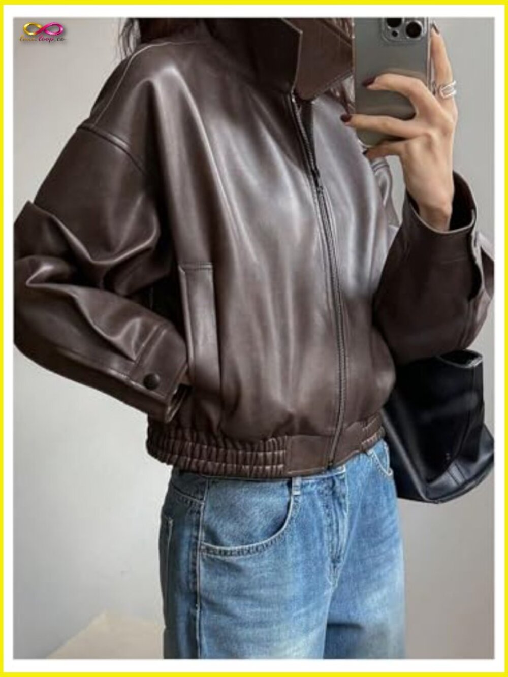 Faux Leather Zip Up Jacket Vintage Collared Long Sleeve Motorcycle Jacket - Picture 2 of 5